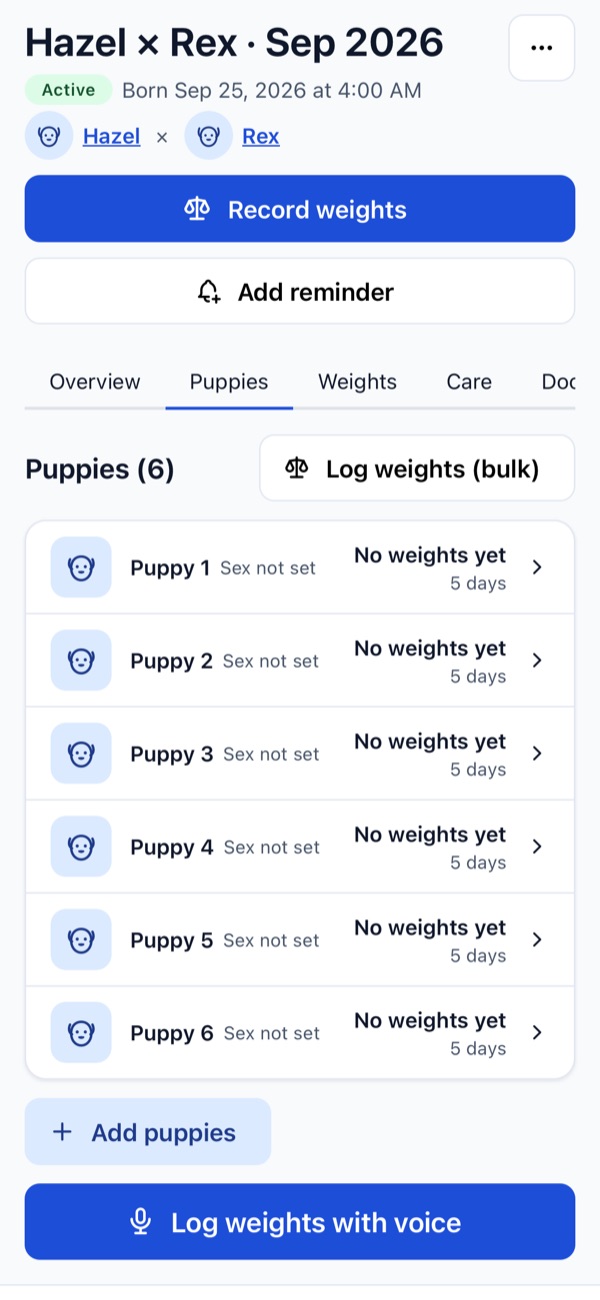 A litter of six puppies with buttons to record weights, log weights in bulk, and log weights with voice.