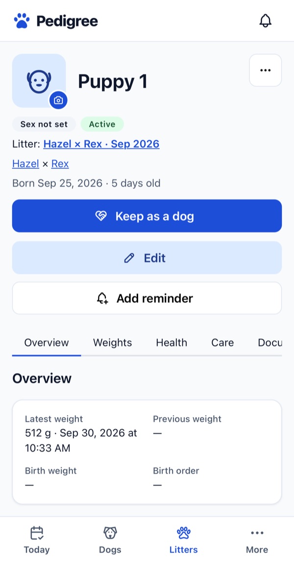 A puppy page showing its litter, parents, age, latest weight, and a Keep as a dog button.