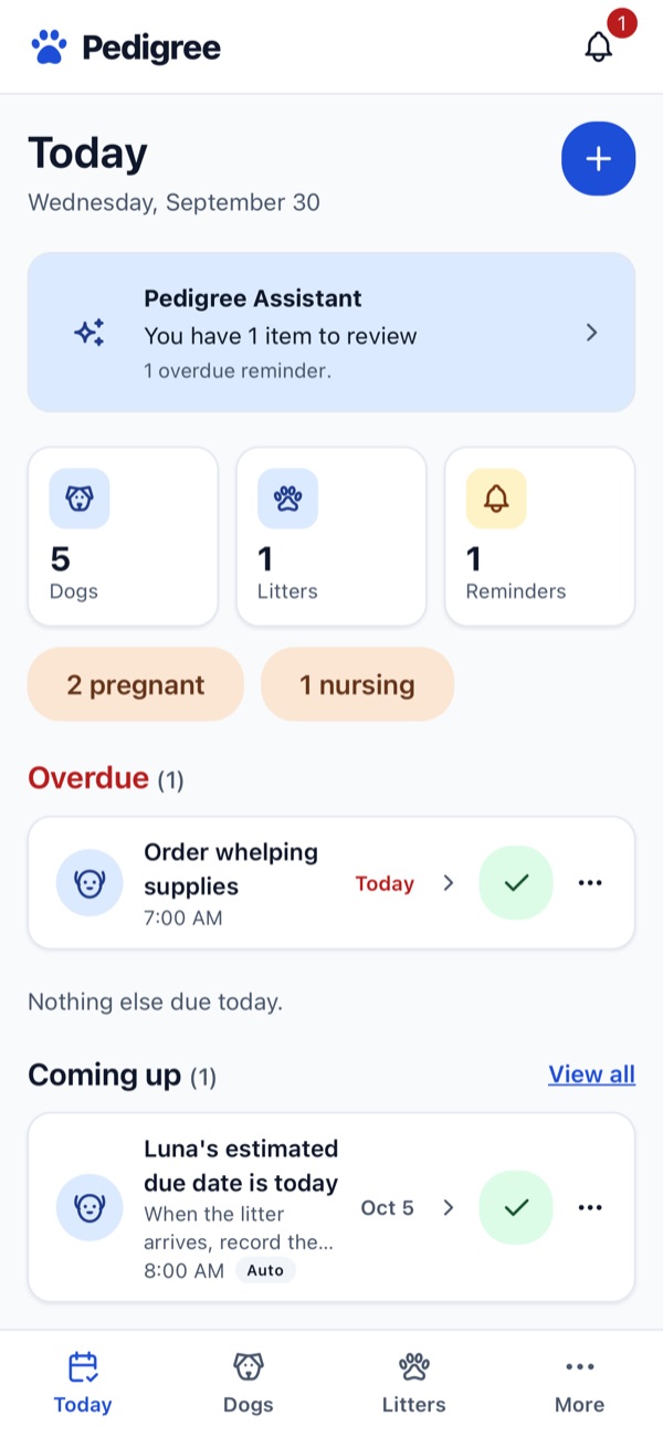 The Pedigree Today screen: counts of dogs, litters, and reminders, 2 pregnant and 1 nursing, an overdue reminder to order whelping supplies, and an upcoming reminder for Luna's estimated due date.